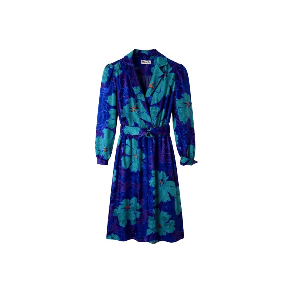 Vintage Floral‎ Jacquard Belted Midi Dress Blue Teal Purple Women’s Small Retro
